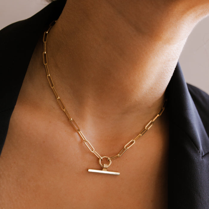 Gold Paperclip Necklace with Tbar